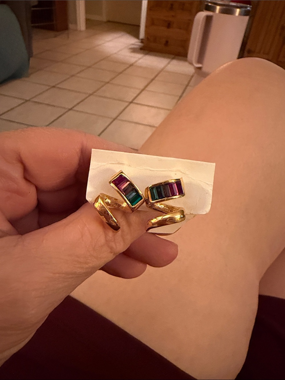 Source Unknown Gold Hoop Earrings with Rainbow Baguette Stones